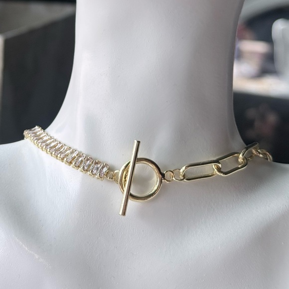 Ellie Vail Jewelry - Ellie Vail Toggle Crystal Choker w/ Paper Clip Link Gold Asymmetrical Necklace